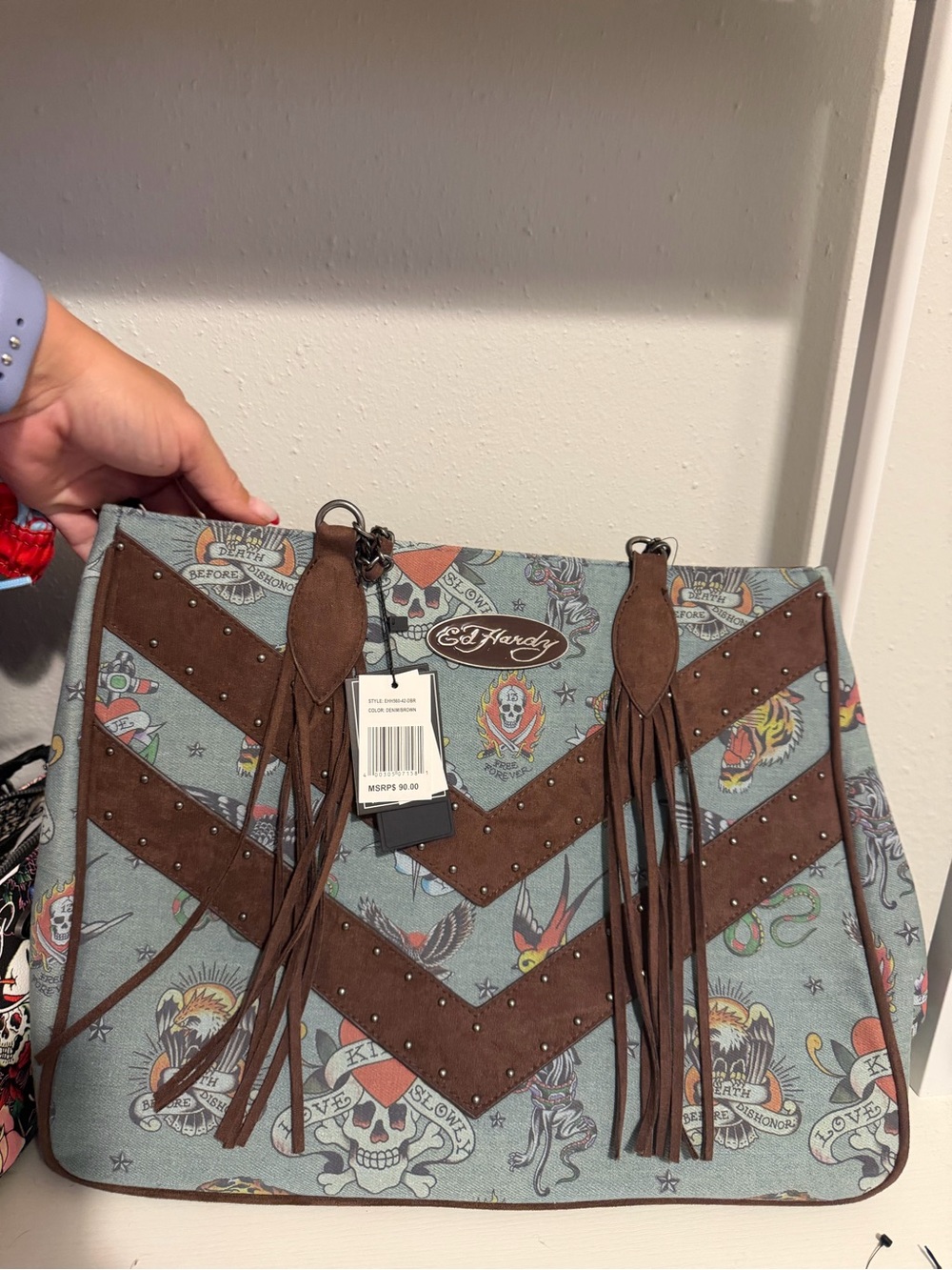 Ed Hardy Light Blue Tattoo-Print Tote with Brown Fringe Accents